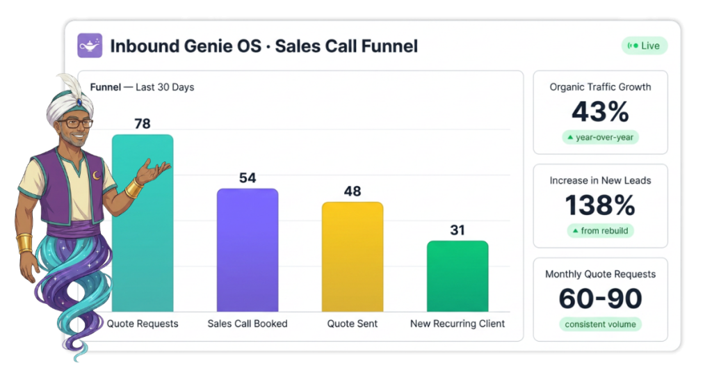 Dashboard titled 'Inbound Genie OS · Sales Call Funnel' with a four-bar funnel and a genie mascot on the left; bars show 78, 54, 48, 31 for Quote Requests, Sales Call Booked, Quote Sent, and New Recurring Client.